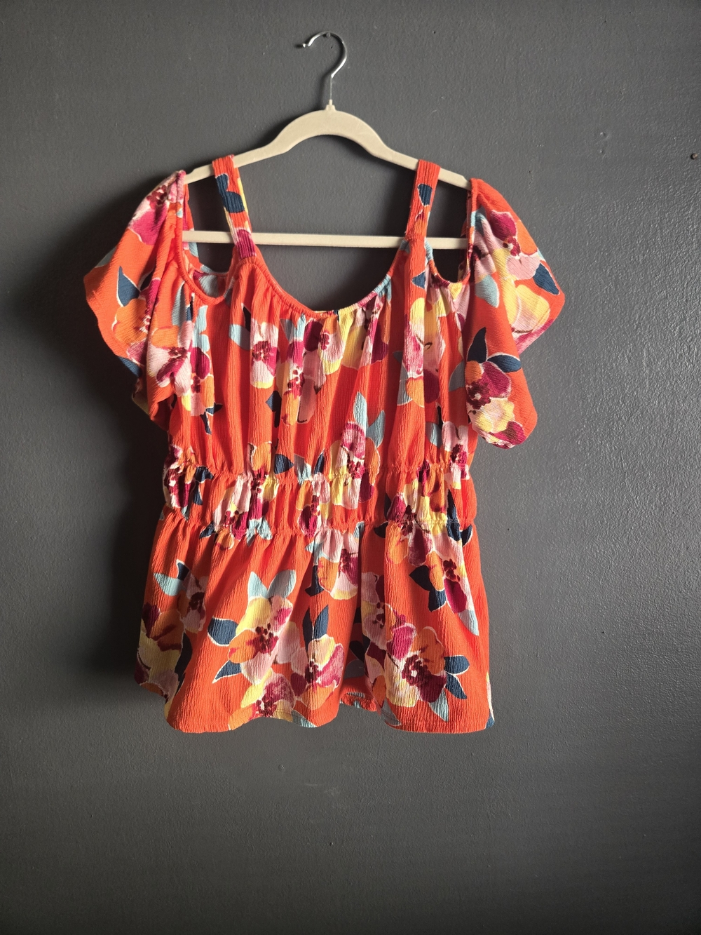 Maurices Floral Gauze Smocked Waist Cold Shoulder Blouse Orange 2X